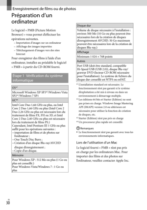 Page 840FR
Enregistrement de films ou de photos
Préparation d’un 
ordinateur 
Le logiciel « PMB (Picture Motion 
Browser) » vous permet d’effectuer les 
opérations suivantes.
Importation d’images sur un ordinateur
Affichage des images importées
Téléchargement d’images vers des sites 
Internet
Pour enregistrer des films à l’aide d’un 
ordinateur, installez au préalable le logiciel 
« PMB

 » à partir du CD-ROM fourni.
Étape 1  Vérification du système 
informatique
OS*1
Microsoft Windows XP SP3*2/Windows...