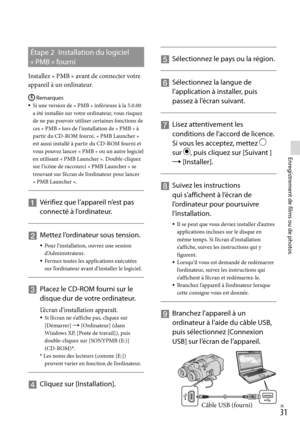 Page 851FR
Enregistrement de films ou de photos
Étape 2 Installation du logiciel 
« PMB » fourni
Installez « PMB » avant de connecter votre 
appareil à un ordinateur.
Remarques
Si une version de « PMB » inférieure à la 5.0.00 
a été installée sur votre ordinateur, vous risquez 
de ne pas pouvoir utiliser certaines fonctions de 
ces «  PMB

 » lors de l’installation de « PMB » à 
partir du CD-ROM fourni. « PMB Launcher » 
est aussi installé à partir du CD-ROM fourni et 
vo u

s pouvez lancer « PMB » ou un...