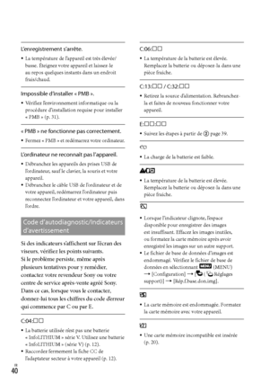 Page 940FR
L’enregistrement s’arrête.
La température de l’appareil est très élevée/
basse. Éteignez votre appareil et laissez-le 
au repos quelques instants dans un endroit 
frais/chaud.
Impossible d’installer « PMB ».
Vérifiez l’environnement informatique ou la 
procédure d’installation requise pour installer 
« PMB
 » (p. 31).
« PMB » ne fonctionne pas correctement.
Fermez « PMB » et redémarrez votre ordinateur.
L’ordinateur ne reconnaît pas l’appareil.
Débranchez les appareils des prises USB de...