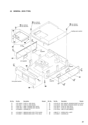 Page 5151
Ref. No.Part No.DescriptionRemarkRef. No.Part No.DescriptionRemark
(2) GENERAL  (SCD-777ES)
51 4-221-849-01 PLATE (L), SIDE (GOLD)
51 4-221-849-11 PLATE (L), SIDE (BLACK)
52 X-4951-857-1 PANEL (LOADING) ASSY (GOLD)
52 X-4951-858-1 PANEL (LOADING) ASSY (BLACK)
53 4-218-606-01 CUSHION (LD)
54 4-216-860-21 EMBLEM (SACD) (SCD-777ES: BLACK)
54 4-216-860-11 EMBLEM (SACD) (SCD-777ES: GOLD)55 4-216-431-01 BOLT (M5X10), HEXAGON SOCKET (for GOLD)
56 4-216-429-01 BOLT (M4X8), HEXAGON SOCKET (for GOLD)
57...