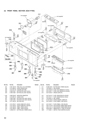 Page 5454
Ref. No.Part No.DescriptionRemarkRef. No.Part No.DescriptionRemark
201 4-947-420-01 RING (DIA. 2.53), RETAINING
202 4-215-806-01 GUIDE (OPEN/CLOSE)
203 4-216-427-02 CUSHION (BUTTON)
204 X-4951-861-1 BUTTON (O/C) ASSY (GOLD)
204 X-4951-862-1 BUTTON (O/C) ASSY (BLACK)
*205 4-900-228-01 INDICATOR (MONITOR)
206 4-215-807-01 GUIDE (PLAY)
207 X-4951-863-1 BUTTON (PLAY) ASSY (GOLD)
207 X-4951-864-1 BUTTON (PLAY) ASSY (BLACK)
208 4-211-455-01 BUTTON (LED)
209 4-215-789-11 GUIDE (GOMA KEY) (GOLD)
209...