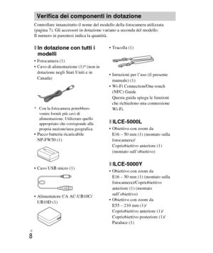 Page 142
IT
8
Controllare innanzitutto il nome del modello della fotocamera utilizzata 
(pagina 7). Gli accessori in dotazione variano a seconda del modello.
Il numero in parentesi indica la quantità.
xIn dotazione con tutti i 
modelli
 Fotocamera (1)
 Cavo di alimentazione (1)* (non in dotazione negli Stati Uniti e in 
Canada)
* Con la fotocamera potrebbero  venire forniti più cavi di 
alimentazione. Utilizzare quello 
appropriato che corrisponde alla 
propria nazione/area geografica.
 Pacco batteria...