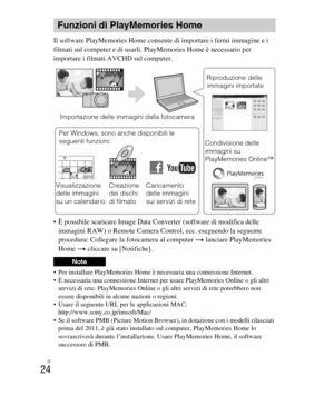 Page 158
IT
24
Il software PlayMemories Home consente di importare i fermi immagine e i 
filmati sul computer e di usarli. PlayMemories Home è necessario per 
importare i filmati AVCHD sul computer.
 È possibile scaricare Image Data Converter (software di modifica delle immagini RAW) o Remote Camera Control, ecc. eseguendo la seguente 
procedura: Collegare la fotocamera al computer  t lanciare PlayMemories 
Home  t cliccare su [Notifiche].
 Per installare PlayMemories Home è necessaria una connessione Internet....