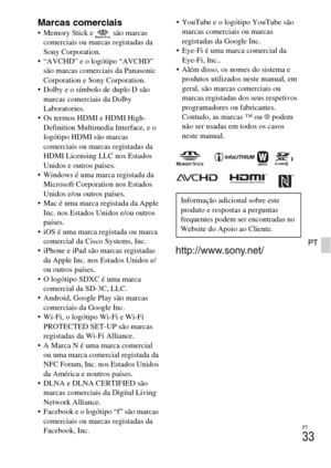 Page 201
PT
33
PT
Marcas comerciais Memory Stick e   são marcas comerciais ou marcas registadas da 
Sony Corporation.
 “AVCHD” e o logótipo “AVCHD” 
são marcas comerciais da Panasonic 
Corporation e Sony Corporation.
 Dolby e o símbolo de duplo D são 
marcas comerciais da Dolby 
Laboratories.
 Os termos HDMI e HDMI High-
Definition Multimedia Interface, e o 
logótipo HDMI são marcas 
comerciais ou marcas registadas da 
HDMI Licensing LLC nos Estados 
Unidos e outros países.
 Windows é uma marca registada da...