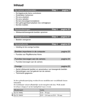 Page 206
NL
6
Inhoud
– De bijgeleverde items controleren
– Onderdelen herkennen
– De accu plaatsen
– De accu opladen
– De lens bevestigen/verwijderen
– Een geheugenkaart plaatsen (los verkrijgbaar)
– De klok instellen
– Stilstaande/bewegende beelden opnemen
– Beelden weergeven
– Inleiding tot de overige functies
– Functies van PlayMemories Home
– Functies toevoegen aan de camera
– Aantal stilstaande beelden en opnameduur van bewegende beelden
– Opmerkingen over het gebruik van de camera
– Technische gegevens
De...