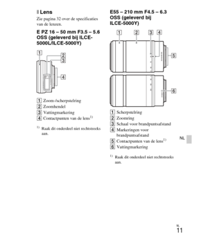Page 211
NL
11
NL
xLens
Zie pagina 32 over de specificaties 
van de lenzen.
E PZ 16 – 50 mm F3.5 – 5.6 
OSS (geleverd bij ILCE-
5000L/ILCE-5000Y)
AZoom-/scherpstelring
B Zoomhendel
C Vattingmarkering
D Contactpunten van de lens
1)
1)Raak dit onderdeel niet rechtstreeks 
aan.
E55 – 210 mm F4.5 – 6.3 
OSS (geleverd bij 
ILCE-5000Y)
A Scherpstelring
B Zoomring
C Schaal voor brandpuntsafstand
D Markeringen voor 
brandpuntsafstand
E Contactpunten van de lens
1)
FVattingmarkering
1)Raak dit onderdeel niet rechtstreeks...