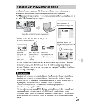 Page 223
NL
23
NL
Met het softwareprogramma PlayMemories Home kunt u stilstaande en 
bewegende beelden in u computer importeren en deze gebruiken. 
PlayMemories Home is vereist voor het importeren van bewegende beelden in 
het AVCHD-formaat in uw computer.
 U kunt Image Data Converter (RAW-beeldbewerkingssoftware), Remote Camera Control, enz. downloaden door de onderstaande procedure te 
volgen: Sluit de camera op uw computer aan  t open PlayMemories Home 
t  klik op [Meldingen].
 Een internetverbinding is...