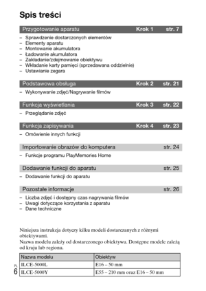 Page 238
PL
6
Spis treści
– Sprawdzenie dostarczonych elementów
– Elementy aparatu
– Montowanie akumulatora
– Ładowanie akumulatora
– Zakładanie/zdejmowanie obiektywu
– Wkładanie karty pamięci (sprzedawana oddzielnie)
– Ustawianie zegara
– Wykonywanie zdjęć/Nagrywanie filmów
– Przeglądanie zdjęć
– Omówienie innych funkcji
– Funkcje programu PlayMemories Home
– Dodawanie funkcji do aparatu
– Liczba zdjęć i dostępny czas nagrywania filmów
– Uwagi dotyczące korzystania z aparatu
– Dane techniczne
Przygotowanie...