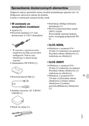 Page 239
PL
7
PL
Najpierw należy sprawdzić nazwę modelu posiadanego aparatu (str. 6). 
Dołączone akcesoria zależą od modelu.
Liczba w nawiasach oznacza liczbę sztuk.
xW zestawie ze 
wszystkimi modelami
• Aparat (1)
• Przewód zasilania (1)* (nie dostarczany w USA i Kanadzie)
* W zestawie z aparatem może 
znajdować się kilka przewodów 
zasilających. Należy użyć 
właściwego w danym kraju/
regionie.
• Akumulator NP-FW50 (1)
• Przewód microUSB (1)
• Zasilacz sieciowy AC-UB10C/UB10D (1)
• Pasek na ramię (1) •...