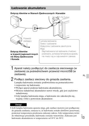Page 245
PL
13
PL
• Jeśli lampka ładowania aparatu miga, gdy zasilacz sieciowy jest podłączony do gniazda zasilania, oznacza to, że ładowanie zostało chwilowo przerwane, 
ponieważ temperatura przekracza zalecany zakres. Gdy temperatura wróci 
do właściwego przedziału, ładowanie zostanie wznowione. Zalecane jest 
ładowanie akumulatora w temperaturze od 10°C do 30°C.
Ładowanie akumulatora
1Aparat należy podłączyć do zasilacza sieciowego (w 
zestawie) za pośrednictwem przewód microUSB (w 
zestawie).
2Podłącz...