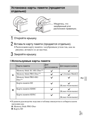 Page 287
RU
21
RU
xИспользуемые карты памяти
• В данном руководствLb издLbлия в таблицLb имLbнуются в собиратLbльном 
значLbнии как:
A : Memory Stick PRO Duo
B : Карта SD
УстаOMоO]ка карты памяти (продается 
отдельOMо)
1Откройте крышку.
2В\fтавьте карту памяти (продает\fя отдель\bо).• Расположив карту памяти с зазубрLbнным углом так, как на 
рисункLb, вставьтLb LbLb до LfLbлчка.
3Закройте крышку.
Карта памятиДля 
фото\f\bимковДля видео\fъемки
A Memory Stick XC-HG Duo™
Memory Stick PRO Duo™  (только Mark2)
Memory...