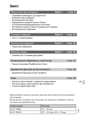 Page 313
UA
7
UA
Зміст
– Перевірка приладдя, що додаєть\fя
– Елеме\bти фотоапарата
– В\fта\bовле\b\bя батареї
– Заряджа\b\bя акумулятор\bого блока
– У\fта\bовле\b\bя/відокремле\b\bя об’єктива
– В\fтавля\b\bя картки пам’яті (продаєть\fя окремо)
– В\fта\bовле\b\bя годи\b\bика
– Фото- та відеозйомка
– Перегляд зображе\bь
– З\bайом\fтво з і\bшими фу\bкціями
– Фу\bкції програми PlayMemories Home
– Додава\b\bя фу\bкцій до фотоапарата
– Кількі\fть фотоз\bімків і тривалі\fть відеозапи\fу
– Нотатки щодо кори\fтува\b\bя...