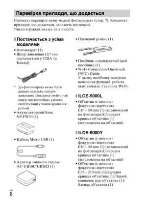 Page 314
UA
8
Спочатку пеYfевіYfте назву моделі YbотоапаYfата (стоYf. 7). Комплект 
пYfиладдя, що додається, залежить від моделі.
Число в дужках вказує на кількість.
xПостачається з усіма 
моделями
• ФотоапаYfат (1)
• ШнуYf живлення (1)* (не постачається у США та 
Канаді)
* До YbотоапаYfата може бути 
додано декілька шнуYfів 
живлення. ВикоYfистовуйте той 
шнуYf, що відповідає умовам 
експлуатації у вашій кYfаїні або 
Yfегіоні.
• АкумулятоYfний блок NP-FW50 (1)
• Кабель Micro USB (1)
• АдаптеYf змінного стYfуму...