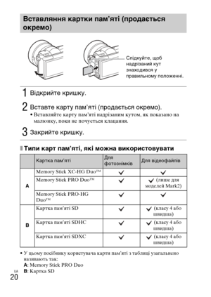 Page 326
UA
20
xТипи карт пам’яті, які можMUа MWикористоMWуMWати
• У цьому посібнику коYfистувача каYfти пам’яті з таблиці узагальнено називають так:
A: Memory Stick PRO Duo
B : КаYfтка SD
ВстаMWляMUMUя картки пам’яті (продається 
окремо)
1Відкрийте кришку.
2В\fтавте карту пам’яті (продаєть\fя окремо).• Вставляйте каYfту пам’яті надYfізаним кутом, як показано на 
малюнку, поки не почується клацання.
3Закрийте кришку.
Картка пам’ятіДля 
фотоз\bімківДля відеофайлів
A Memory Stick XC-HG Duo™
Memory Stick PRO Duo™...