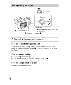 Page 364
SE
20
xFör att se nästa/föregående bild
Välj bild genom att trycka på B (nästa)/ b (föregående) på styrratten eller 
genom att vrida på styrratten. Tryck på  z i mitten på styrratten för att spela 
upp filmer.
xFör att radera en bild
1 Tryck på  (radera)-knappen.
2 Välj [Radera] med  v på styrratten, och tryck sedan på  z.
xFör att återgå till att ta bilder
Tryck ner avtryckaren halvvägs.
Uppspelning av bilder
1Tryck på  (uppspelning)-knappen.
 (Radera)
Styrratten
 (Uppspelning)
W: zooma ut
T: zooma in...