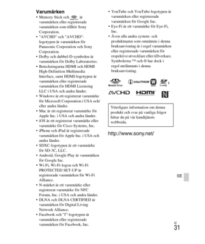 Page 375
SE
31
SE
Varumärken Memory Stick och   är varumärken eller registrerade 
varumärken som tillhör Sony 
Corporation.
 ”AVCHD” och ”AVCHD”- logotypen är varumärken för 
Panasonic Corporation och Sony 
Corporation.
 Dolby och dubbel-D-symbolen är 
varumärken för Dolby Laboratories.
 Beteckningarna HDMI och HDMI  High-Definition Multimedia 
Interface, samt HDMI-logotypen är 
varumärken eller registrerade 
varumärken för HDMI Licensing 
LLC i USA och andra länder.
 Windows är ett registrerat varumärke  för...