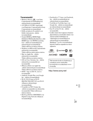 Page 405
ILCE-5000
4-487-947- 41(1)
C:\C1\12FI-ILCE5000CEC\120FI1CEC.fm
master:Right_2 column
FI
31
FI
Tavaramerkit Memory Stick ja   ovat Sony Corporationin tava ramerkkejä tai 
rekisteröityjä tavaramerkkejä.
 AVCHD ja AVCHD -logotyyppi  ovat Panasonic Cor porationin ja Sony 
Corporationin tavaramerkkejä.
 Dolby ja kaksois-D-symboli ovat  Dolby Laboratories -yhtiön 
tavaramerkkejä.
 Termit HDMI ja HDMI High- Definition Multimedia Interface, sekä 
HDMI-logo ovat HDMI Licensing 
LLC -yhtiön tavaramerkkejä tai...