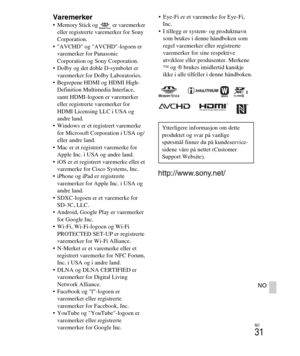 Page 435
NO
31
NO
Varemerker Memory Stick og   er varemerker eller registrerte varemerker for Sony 
Corporation.
 AVCHD og AVCHD-logoen er  varemerker for Panasonic 
Corporation og Sony Corporation.
 Dolby og det doble D-symbolet er  varemerker for Dolby Laboratories.
 Begrepene HDMI og HDMI High-
Definition Multimedia Interface, 
samt HDMI-logoen er varemerker 
eller registrerte varemerker for 
HDMI Licensing LLC i USA og 
andre land.
 Windows er et registrert varemerke 
for Microsoft Corporation i USA og/...
