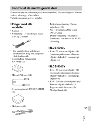 Page 441
DK
7
DK
Kontroller først modelnavnet på dit kamera (side 6). Det medfølgende tilbehør 
varierer afhængigt af modellen.
Tallet i parenteser angiver antallet.
xFølger med alle 
modeller
 Kamera (1)
 Netledning (1)* (medfølger ikke i USA og Canada)
* Der kan følge flere netledninger  med kameraet. Brug den, der passer 
til dit land/område.
 Genopladelig batterienhed 
NP-FW50 (1)
 Mikro-USB-kabel (1)
 Lysnetadapter AC-UB10C/UB10D  (1)
 Skulderrem (1)  Betjeningsvejledning (Denne 
vejledning) (1)
 Wi-Fi...