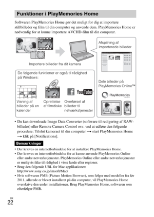 Page 456
DK
22
Softwaren PlayMemories Home gør det muligt for dig at importere 
stillbilleder og film til din computer og anvende dem. PlayMemories Home er 
nødvendig for at kunne importere AVCHD-film til din computer.
 Du kan downloade Image Data Converter (software til redigering af RAW-billeder) eller Remote Camera Control osv. ved at udføre den følgende 
procedure: Tilslut kameraet til din computer  t start PlayMemories Home 
t  klik på [Notifications].
 Der kræves en internetforbindelse for at installere...