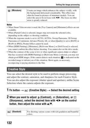 Page 132132
Setting the image processing
Notes When Smart Teleconverter is used, the [Toy Camera] and [Miniature] effects are not 
available.
 When [Partial Color] is selected, images may not retain the selected color,  depending on the subjec t or shooting condition.
 When the exposure mode is set to AU TO, AUTO+, Sweep Panorama, 3D Sweep 
Panorama or Continuous Advance Priority AE,  or when [Quality] is set to [RAW] or 
[RAW & JPEG], Picture E ffect cannot be used.
 When [HDR Painting], [Miniature], [Rich-t...