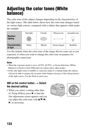 Page 134134
Adjusting the color tones (White 
balance)
The color tone of the subject changes depending on the characteristics of 
the light source. The table below shows how the color tone changes based 
on various light sources,  compared with a subject that appears white under 
the sunlight.
Use this feature when the color tone  of the image did not come out as you 
expected, or when you want to chan ge the color tone on purpose for 
photographic expression.
Notes When the exposure mode is set to AUTO , AUTO+,...