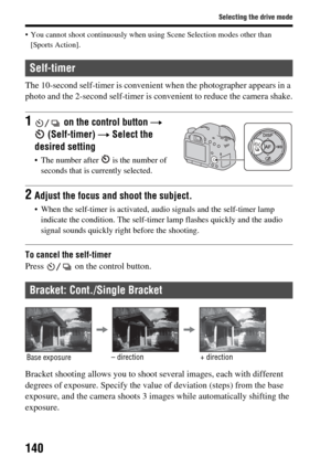 Page 140140
Selecting the drive mode
• You cannot shoot continuously when using Scene Selection modes other than 
[Sports Action].
The 10-second self-timer is convenient  when the photographer appears in a 
photo and the 2-second self-timer is convenient to reduce the camera shake.
To cancel the self-timer
Press   on the control button.
Bracket shooting allows you to shoot  several images, each with different 
degrees of exposure. Specify the value of deviation (steps) from the base 
exposure, and the camera...