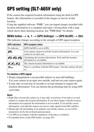 Page 154154
Setup of the camera (Advanced operations)Setup of the camera
GPS setting (SLT-A65V only)
If the camera has acquired location information using the built-in GPS 
feature, this information is recorded in the images or movies at that 
location.
Using the supplied software “PMB,” yo u can import images recorded with 
location information to a computer  and enjoy viewing them with a map 
which shows their shooting location. See “PMB Help” for details.
MENU button t   1 t [GPS Settings]  t [GPS On/Off]  t...