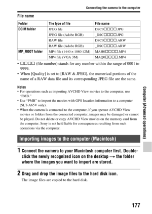 Page 177177
Connecting the camera to the computer
Computer (Advanced operations)
File name
ssss (file number) stands for any number within the range of 0001 to 
9999.
 When [Quality] is set to [RAW & JPEG ], the numerical portions of the 
name of a RAW data file and its co rresponding JPEG file are the same.
Notes For operations such as importing AVCHD View movies to the computer, use 
“PMB.”
 Use “PMB” to import the movies with GPS location information to a computer  (SLT-A65V only).
 When the camera is...