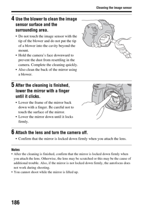 Page 186186
Cleaning the image sensor
Notes After the cleaning is finished, confirm that the mirror is locked down firmly when 
you attach the lens. Otherwise, the lens may  be scratched or this may be the cause of 
additional trouble. Also, if the mirror is not locked down firmly, the autofocus does 
not work during shooting.
 You cannot shoot while the mirror is lifted up.
4Use the blower to clean the image 
sensor surface and the 
surrounding area.
 Do not touch the image sensor with the  tip of the blower...