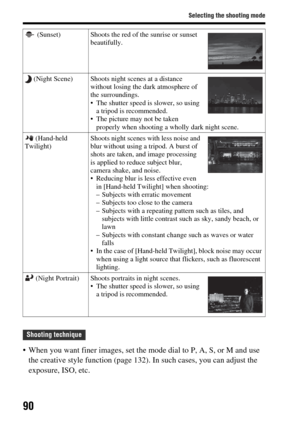 Page 9090
Selecting the shooting mode
 When you want finer images, set the mode dial to P, A, S, or M and use 
the creative style function (page 132).  In such cases, you can adjust the 
exposure, ISO, etc.
 (Sunset) Shoots the red of the sunrise or sunset  beautifully.
 (Night Scene) Shoots night scenes at a distance  without losing the dark atmosphere of 
the surroundings.
 The shutter speed is slower, so using a tripod is recommended.
 The picture may not be taken 
properly when shooting a wholly dark night...