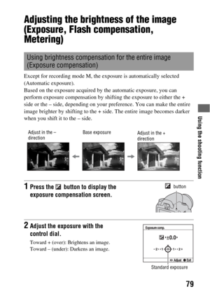 Page 79Using the shooting function
79
Adjusting the brightness of the image 
(Exposure, Flash compensation, 
Metering)
Except for recording mode M, the exposure is automatically selected 
(Automatic exposure).
Based on the exposure acquired by the automatic exposure, you can 
perform exposure compensation by shifting the exposure to either the + 
side or the – side, depending on your preference. You can make the entire 
image brighter by shifting to the + side. The entire image becomes darker 
when you shift it...