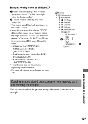 Page 125125
Viewing images on a computer
Example: viewing folders on Windows XP
This section describes the process using a Windows computer as an 
example.
AFolders containing image data recorded 
using this camera. (The first three digits 
show the folder number.)
BYou can create a folder by date form 
(page 108).
 You cannot record/play back any images in 
the “MISC” folder.
 Image files are named as follows. ssss 
(file number) stands for any number within 
the range from 0001 to 9999. The numerical 
portions...