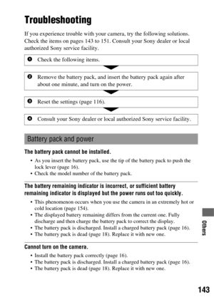 Page 143143
Others
Troubleshooting
If you experience trouble with your camera, try the following solutions. 
Check the items on pages 143 to 151. Consult your Sony dealer or local 
authorized Sony service facility.
The battery pack cannot be installed.
 As you insert the battery pack, use the tip of the battery pack to push the 
lock lever (page 16).
 Check the model number of the battery pack.
The battery remaining indicator is incorrect, or sufficient battery 
remaining indicator is displayed but the power...