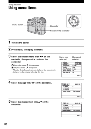 Page 8080
Using the menu
Using menu items
1Turn on the power.
2Press MENU to display the menu.
3Select the desired menu with b/B on the 
controller, then press the center of the 
controller.
 Recording menu  Custom menu
 Playback menu  Setup menu
 When the desired menu is already displayed (the menu icon is 
displayed on the extreme left), skip this step.
4Select the page with b/B on the controller.
5Select the desired item with v/V on the 
controller.
Center of the controller MENU button
Controller
Menu now...