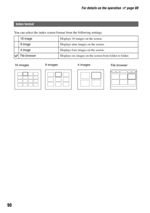 Page 9090
For details on the operation 1 page 80
You can select the index screen format from the following settings.
Index format
16 imageDisplays 16 images on the screen.
9 imageDisplays nine images on the screen.
4 imageDisplays four images on the screen.
File browserDisplays six images on the screen from folder to folder.
9 images 4 images
File browser 16 images 