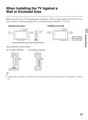 Page 1717
Getting Started
When Installing the TV Against a 
Wall or Enclosed Area
Make sure that your TV has adequate ventilation. Allow enough space around the TV as 
shown below. Avoid operating the TV at temperatures below 41 °F (5 °C).
 Inadequate ventilation can lead to overheating of the TV and may cause TV damage or cause a 
fire.
(30 cm) 117/8 inches
(6 cm)            inches
4 inches
(10 cm)4 inches
(10 cm)23/8 
Leave at least this much space around the set.
Installed with stand
inches 117/8 
4 inches...