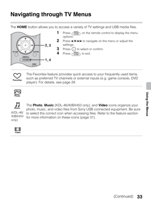 Page 3333
Using the Menus
Using the Menus
Navigating through TV Menus
The HOME button allows you to access a variety of TV settings and USB media files.
1Press   on the remote control to display the menu 
options.
2Press V/v/B/b to navigate on the menu or adjust the 
settings.
3Press   to select or confirm.
4Press   to exit.
The Favorites feature provides quick access to your frequently used items, 
such as preferred TV channels or external inputs (e.g. game console, DVD 
player). For details, see page 29.
The...