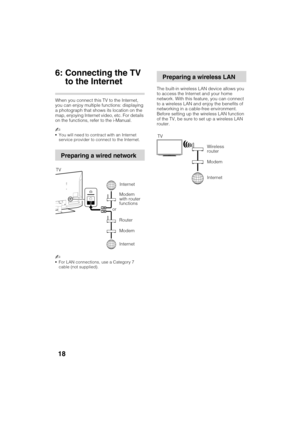 Page 18D:\TVs JOB\SONY TV\SY120068_B1 (Rev-3)\Group B1 (Rev-
3)\!1895121\4411895121\US03STU.fm
KDL-HX751/HX750
4-411-895-12(1)
18
6: Connecting the TV 
to the Internet
When you connect this TV to the Internet, 
you can enjoy multiple functions: displaying 
a photograph that shows its location on the 
map, enjoying Internet video, etc. For details 
on the functions, refer to the i-Manual.
~
You will need to contract with an Internet 
service provider to connect to the Internet.
~
For LAN connections, use a...