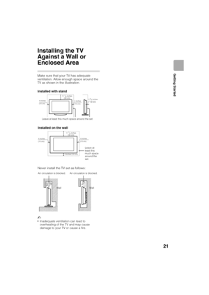 Page 21D:\TVs JOB\SONY TV\SY120068_B1 (Rev-3)\Group B1 (Rev-
3)\!1895121\4411895121\US03STU.fm
KDL-HX751/HX750
4-411-895-12(1)
21
Getting Started
Installing the TV 
Against a Wall or 
Enclosed Area
Make sure that your TV has adequate 
ventilation. Allow enough space around the 
TV as shown in the illustration.
~
Inadequate ventilation can lead to 
overheating of the TV and may cause 
damage to your TV or cause a fire.
Leave at least this much space around the set.
Installed with stand
4 inches
(10 cm)11 
7/8...