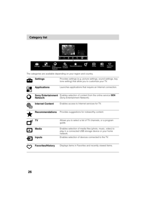 Page 26D:\TVs JOB\SONY TV\SY120068_B1 (Rev-3)\Group B1 (Rev-
3)\4411895121\!1895121\US04SAF.fm
KDL-HX751/HX750
4-411-895-12(1)
26
The categories are available depending on your region and country.
Category list
SettingsProvides settings (e.g. picture settings, sound settings, key 
tone setting) that allow you to customize your TV.
ApplicationsLaunches applications that require an Internet connection.
Sony Entertainment 
NetworkEnables selection of content from the online service SEN 
(Sony Entertainment...