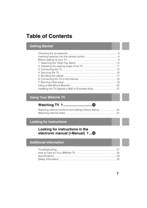 Page 7D:\TVs JOB\SONY TV\SY120068_B1 (Rev-3)\Group B1 (Rev-
3)\4411895121\!1895121\US01TOC.fm
KDL-HX751/HX750
4-411-895-12(1)
7
Table of Contents
Getting Started
Checking the accessories ........................................................................8
Inserting batteries into the remote control................................................8
Before setting up your TV .........................................................................9
1: Attaching the Table-Top Stand...