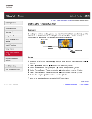 Page 130 i-ManualPrint Font  Size   
Basic Operations
Parts  Description
Watching TV
Using Other Devices
Using “BRAVIA”  Sync
Devices
Useful Functions
Using Internet
Using Home  Network
(DLNA)
Configuring Various
Settings
Troubleshooting
How  to Use Bookmarks
Top Page  > Using Home  Network  (DLNA)  > Enabling the renderer  function
Enabling  the  renderer function
Overview
By enabling the renderer function, you  can  play photo/music/video files in a controller (e.g.  digital
still camera)  on the TV  screen...