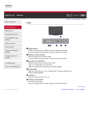 Page 37 i-ManualPrint Font  Size   
Basic Operations
Parts  Description
Watching TV
Using Other Devices
Using “BRAVIA”  Sync
Devices
Useful Functions
Using Internet
Using Home  Network
(DLNA)
Configuring Various
Settings
Troubleshooting
How  to Use Bookmarks
Top Page  > Parts  Description  > Front
Front
Light sensor
Senses room light level and adjusts the screen  brightness accordingly.
Do not put anything near  the sensor. Doing so may affect  its function.
Remote control sensor
Receives signals from the...