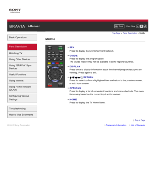 Page 45 i-ManualPrint Font  Size   
Basic Operations
Parts  Description
Watching TV
Using Other Devices
Using “BRAVIA”  Sync
Devices
Useful Functions
Using Internet
Using Home  Network
(DLNA)
Configuring Various
Settings
Troubleshooting
How  to Use Bookmarks
Top Page  > Parts  Description  > Middle
SEN
Press to display Sony Entertainment  Network.
GUIDE
Press to display the program  guide.
The  Guide feature may not be available  in some  regions/countries.
DISPLAY
Press once to display information  about  the...