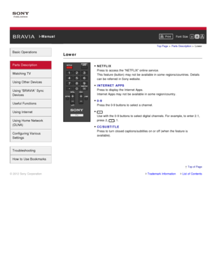 Page 46 i-ManualPrint Font  Size   
Basic Operations
Parts  Description
Watching TV
Using Other Devices
Using “BRAVIA”  Sync
Devices
Useful Functions
Using Internet
Using Home  Network
(DLNA)
Configuring Various
Settings
Troubleshooting
How  to Use Bookmarks
Top Page  > Parts  Description  > Lower
NETFLIX
Press to access the “NETFLIX” online service.
This feature (button)  may not be available  in some  regions/countries. Details
can be referred  in Sony website.
INTERNET  APPS
Press to display the Internet...