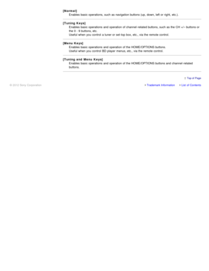 Page 80[Normal]
Enables basic operations,  such as navigation buttons (up,  down, left or right,  etc.).
[Tuning Keys] Enables basic operations and operation of channel -related buttons, such as the CH  +/– buttons or
the 0 - 9 buttons, etc.
Useful when you control  a tuner or set-top box, etc., via the remote control.
[Menu Keys] Enables basic operations and operation of the HOME/OPTIONS buttons.
Useful when you control  BD player  menus, etc., via the remote control.
[Tuning and  Menu  Keys] Enables basic...