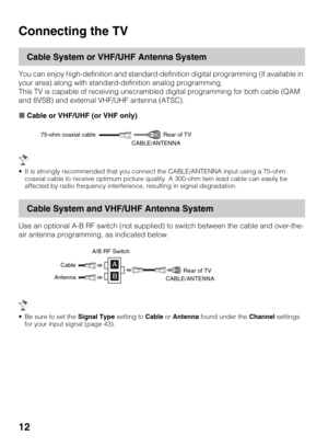 Page 1212
Connecting the TV
Cable System or VHF/UHF Antenna System
You can enjoy high-definition and standard-definition digital programming (if available in 
your area) along with standard-definition analog programming.
This TV is capable of receiving unscrambled digital programming for both cable (QAM 
and 8VSB) and external VHF/UHF antenna (ATSC).
xCable or VHF/UHF (or VHF only)
 It is strongly recommended that you connect the CABLE/ANTENNA input using a 75-ohm 
coaxial cable to receive optimum picture...