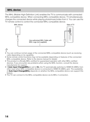 Page 1414
MHL device
The MHL (Mobile High-Definition Link) enables the TV to communicate with connected 
MHL-compatible device. When connecting MHL-compatible device, TV simultaneously 
charges the connected device while playing photo/music/video from it. You can use the 
TV remote control to control the connected MHL-compatible device.
 You can continue normal usage of the connected MHL-compatible device (such as receiving 
calls) depending on its capability.
 Some remote control functions may not be available...