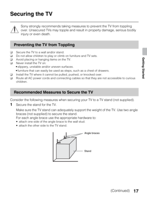 Page 1717
Getting Started
Securing the TV
Sony strongly recommends taking measures to prevent the TV from toppling 
over. Unsecured TVs may topple and result in property damage, serious bodily 
injury or even death.
Preventing the TV from Toppling
❑Secure the TV to a wall and/or stand.
❑Do not allow children to play or climb on furniture and TV sets.
❑Avoid placing or hanging items on the TV.
❑Never install the TV on:
 slippery, unstable and/or uneven surfaces.
 furniture that can easily be used as steps, such...